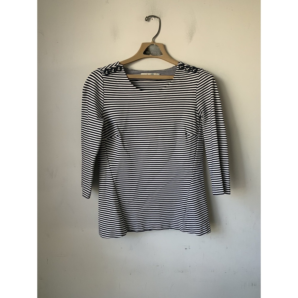 Boden Navy White Striped Anchor Button Boat Neck Top 3/4 Sleeve US 6‎ UK 10